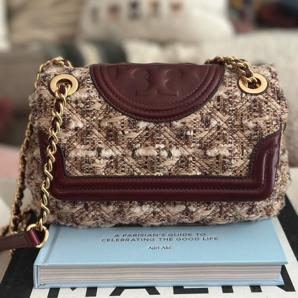 Tory Burch Burgundy Tweed Shoulder Bag